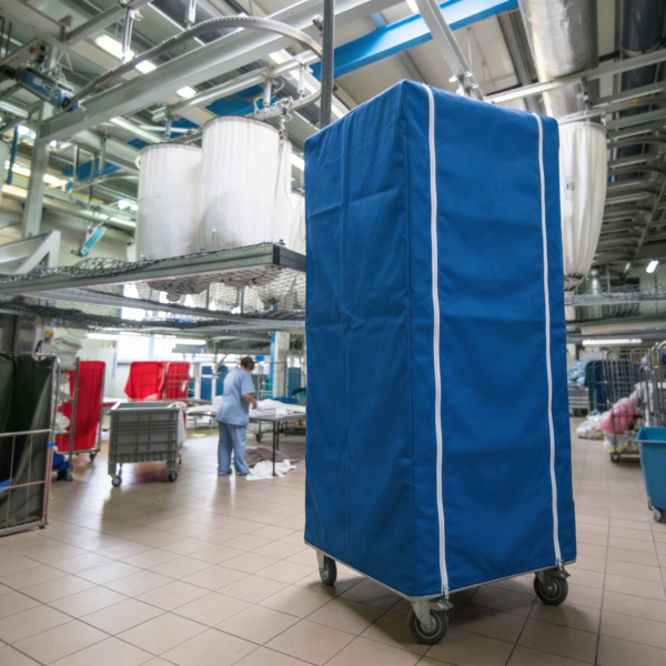 Blue outer cover for laundry and transport trolleys protecting clean laundry – manufacturer RTP Radom.