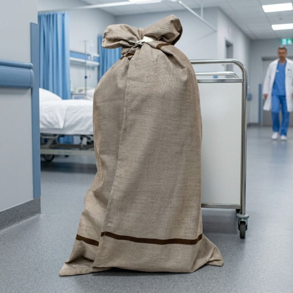 Reusable self-opening bag for hospital linen standing in the medical corridor – manufacturer RTP Radom.